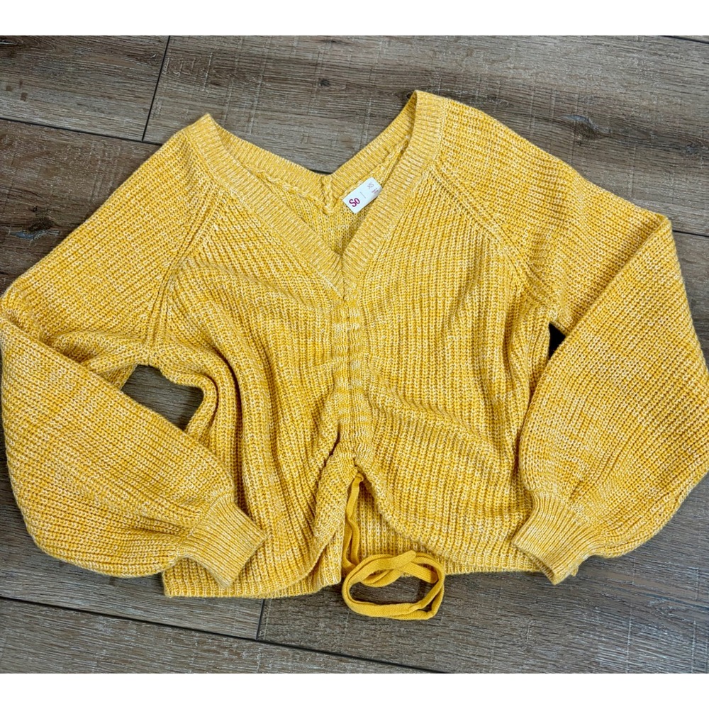 SO Women Yellow V-Neck Cinched Front Pullover Sweater XS Balloon Sleeve Knit